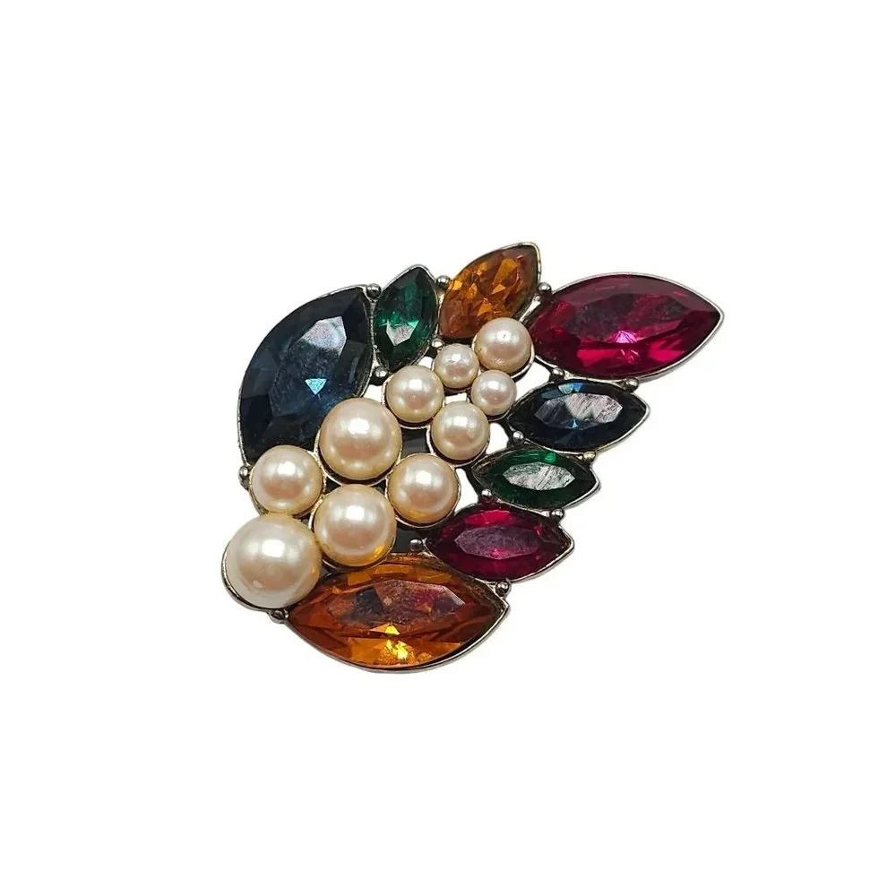 Monet Multi- Color Rhinestone Faux Pearl Leaf Flower High End Brooch Vintage
